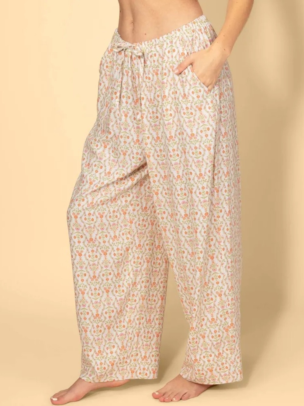 Target Womens Floral Print Drawstring Pajama Pants - White with Pink & Green - Picture 2 of 3